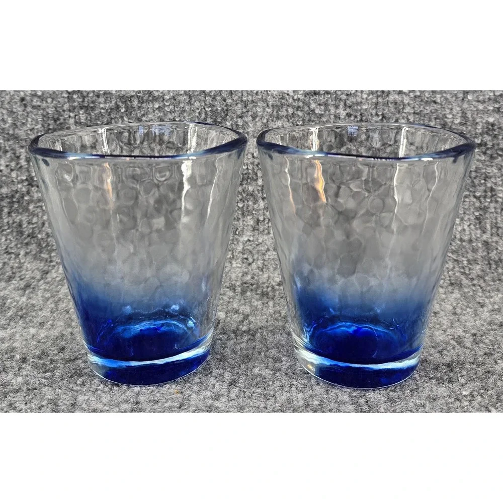 Bormioli Rocco Sorgente Glasses Set of 2 Cobalt Blue Hammered Murano Italy 14oz